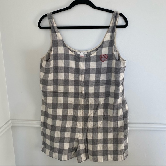 Madewell Embroidered Flannel Pajama Romper in Buffalo Check Sz Medium - Picture 3 of 6